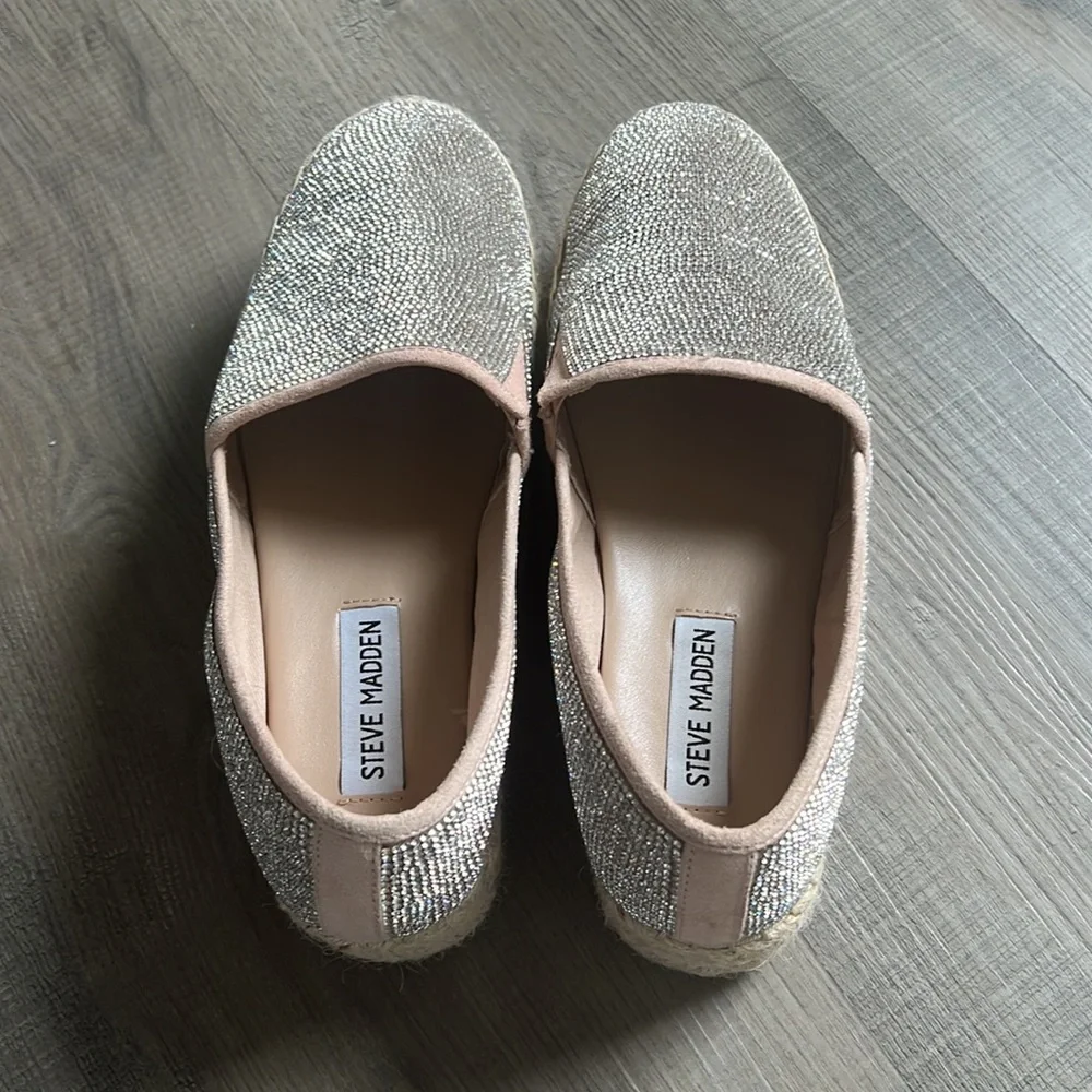 Steve Madden Crystal-Embellished Nude Espadrille Platform Slip-Ons